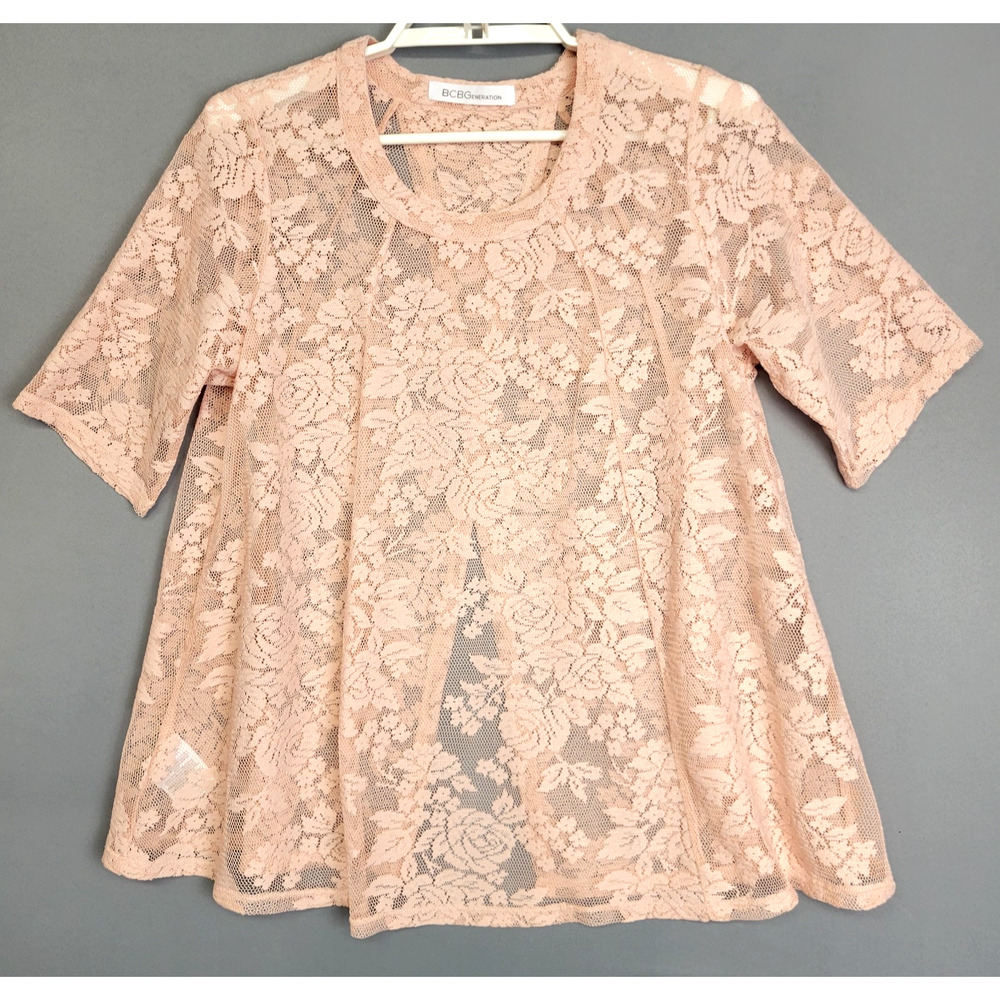 BCBGeneration Lace Top Womens Small Rose Smoke Pink‎ Vented Back Short Sleeves